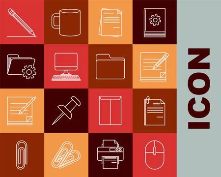 Set line Computer mouse, File document and paper clip, Blank notebook pencil  스톡 일러스트