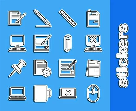 Set line Computer mouse, File document, with keyboard and x mark, Ruler, Bl.. Stock Illustration