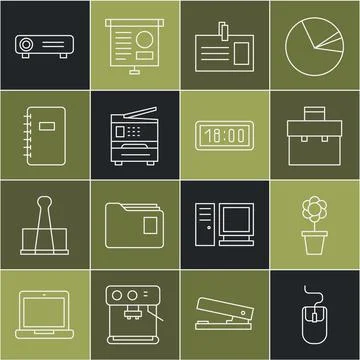 Set line Computer mouse, Flower in pot, Briefcase, Identification badge, Printer Stockillustratie