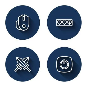 Set line Computer mouse, Game life bar, Sword for game and Power button with Ilustração Stock