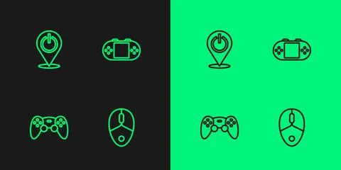 Set line Computer mouse, Game controller or joystick, Power button and Portable Stock Illustration