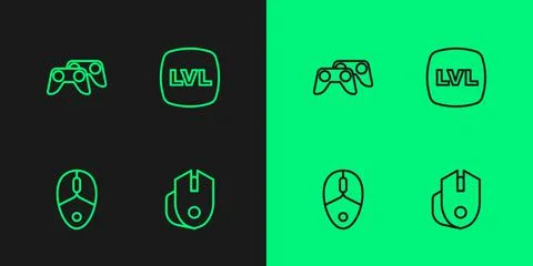 Set line Computer mouse, Game controller or joystick and Level game icon. Vector Illustrazione stock