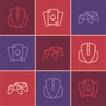 Set line Computer mouse, Game controller or joystick and Playing cards icon Stock Illustration