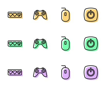 Set line Computer mouse, Game life bar, controller or joystick and Power button Ilustração Stock