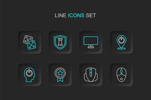 Set line Computer mouse Game rating with medal Power button monitor Chess shi Illustrazione stock