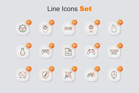 Set line Computer mouse, Game controller or joystick, Sword for game, Playi.. Illustrazione stock