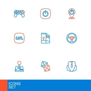 Set line Computer mouse, Game dice, Joystick for arcade machine, Racing sim.. Stock Illustration