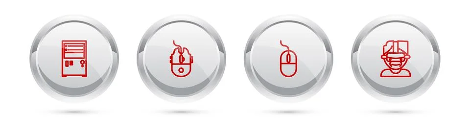 Set line Computer, mouse gaming, and Virtual reality glasses. Silver circle Illustrazione stock