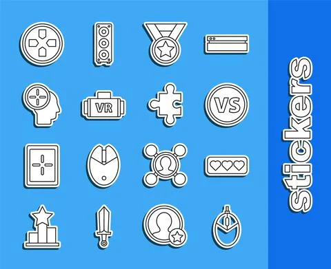 Set line Computer mouse gaming, Like and heart, VS Versus battle, Medal, Virtual Illustrazione stock