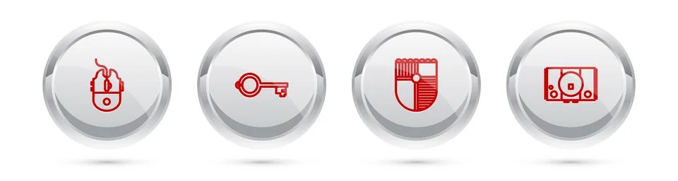 Set line Computer mouse gaming, Ancient key for game, Shield and Video console Stock Illustration