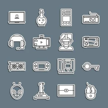 Set line Computer mouse gaming, Ancient key for game, Mobile and playing, Create Stock Illustration