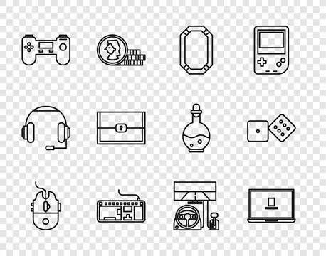 Set line Computer mouse gaming, Laptop, Poker table, keyboard, Gamepad, Chest Illustrazione stock