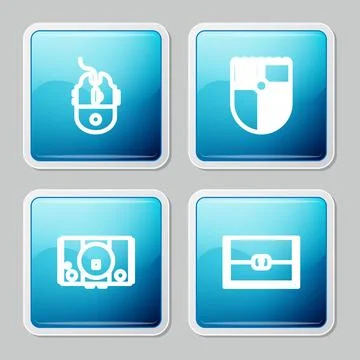 Set line Computer mouse gaming, Shield for game, Video console and Chest icon Stock Illustration
