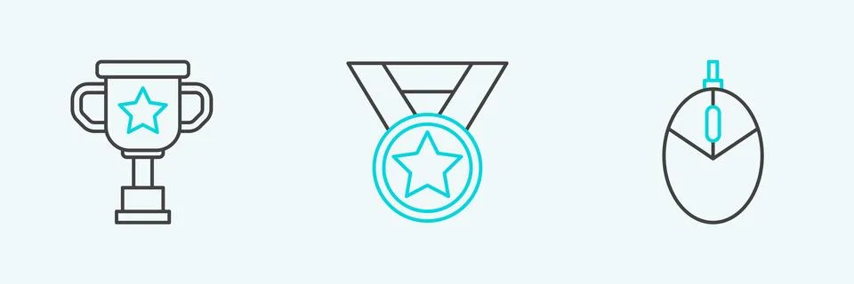 Set line Computer mouse gaming, Award cup and Medal icon. Vector Stock Illustration