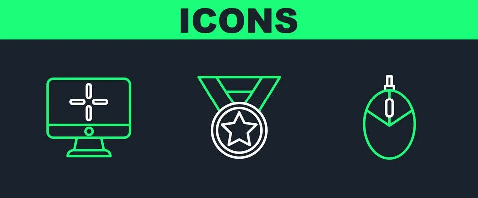 Set line Computer mouse gaming, monitor and Medal icon. Vector Illustrazione stock