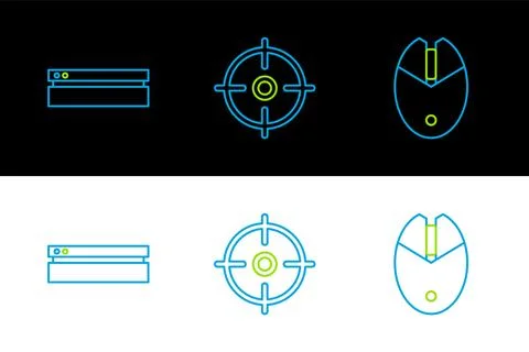 Set line Computer mouse gaming, Video game console and Target sport icon. V.. Stock Illustration