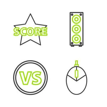 Set line Computer mouse gaming VS Versus battle Stereo speaker and Star icon. 스톡 일러스트