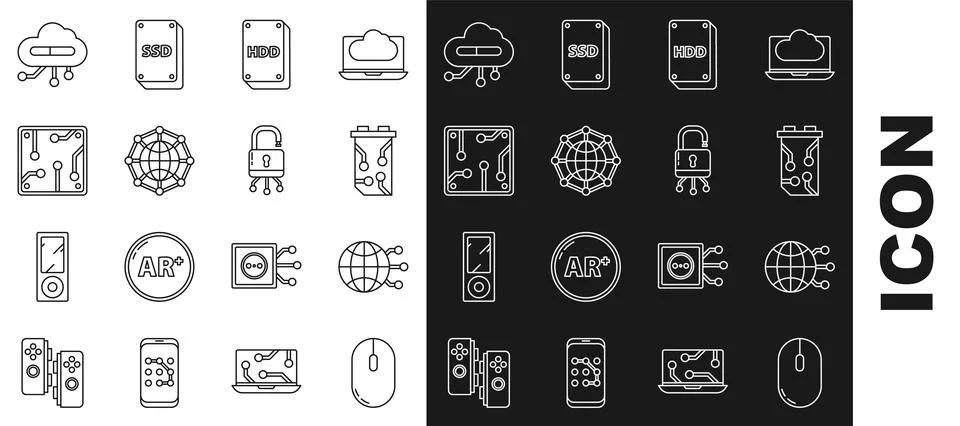 Set line Computer mouse, Global technology or social network, Video graphic.. Illustrazione stock