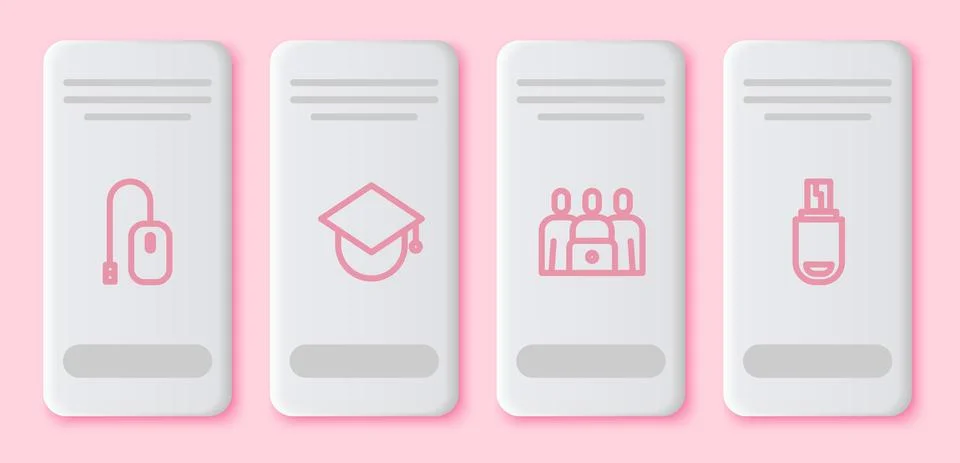 Set line Computer mouse, Graduation cap on globe, Online class and USB flash Stock Illustration
