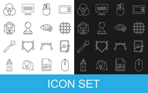 Set line Computer mouse, Graphic tablet, Grid graph paper, Crossed ruler and  Stock Illustration