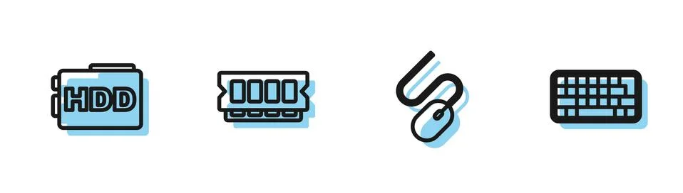 Set line Computer mouse, Hard disk drive HDD, RAM, random access memory and Stock Illustration