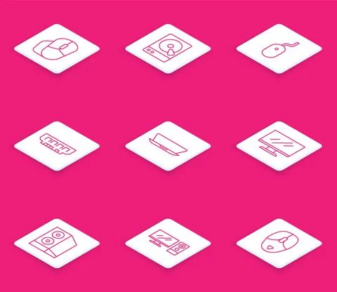 Set line Computer mouse, Hard disk drive HDD, RAM, random access memory, Laptop Stock Illustration