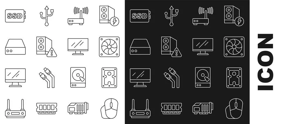 Set line Computer mouse, Hard disk drive HDD, cooler, Router and wi-fi signal Stockillustratie