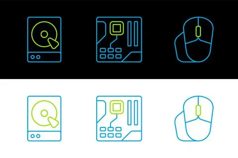 Set line Computer mouse, Hard disk drive HDD and Motherboard digital chip ico Illustrazione stock