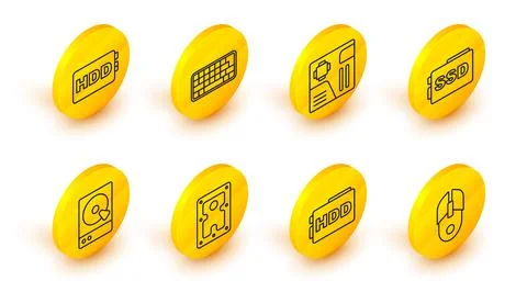 Set line Computer mouse, Hard disk drive HDD, SSD card, Motherboard digital.. 스톡 일러스트