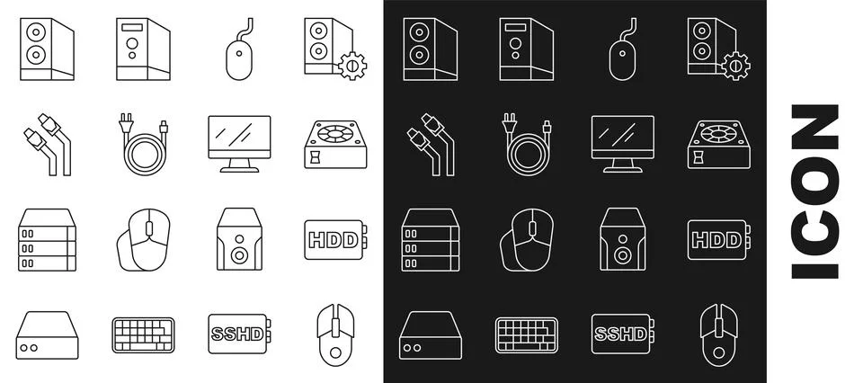 Set line Computer mouse, Hard disk drive HDD, cooler, Electric plug, LAN ca.. 스톡 일러스트