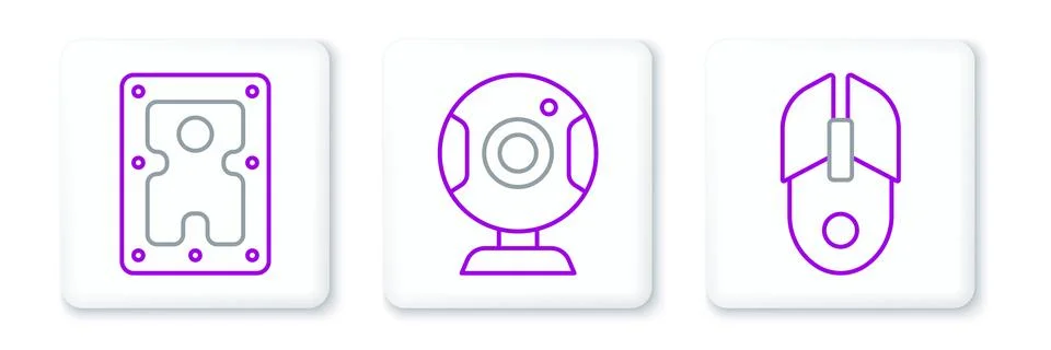 Set line Computer mouse, Hard disk drive HDD and Web camera icon. Vector Stockillustratie
