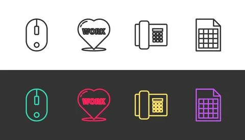 Set line Computer mouse, Heart with text work, Telephone and File document on Illustrazione stock