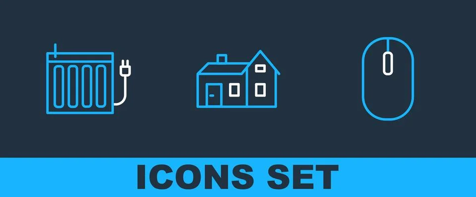 Set line Computer mouse, Heating radiator and House icon. Vector Stock Illustration