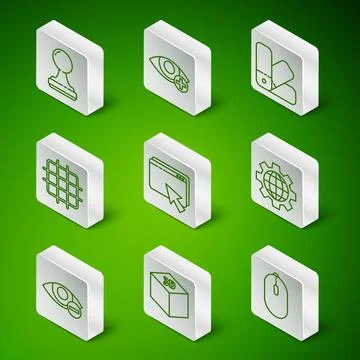 Set line Computer mouse, Isometric cube, Stamp, Web design and development, Grid Illustrazione stock