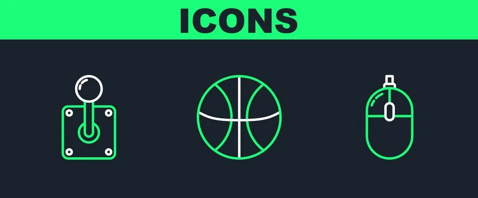Set line Computer mouse, Joystick for arcade machine and Basketball ball icon Stock Illustration