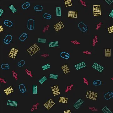 Set line Computer mouse, Keyboard, House and Wrist watch on seamless pattern Stock Illustration