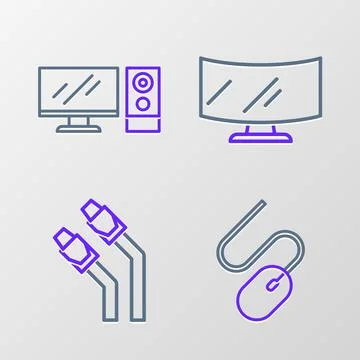 Set line Computer mouse, LAN cable network internet, monitor screen and icon Illustrazione stock