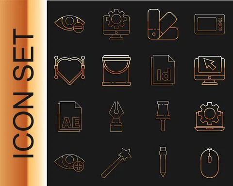 Set line Computer mouse, Laptop and gear, monitor cursor, Color palette guide Stock Illustration