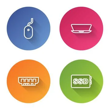 Set line Computer mouse, Laptop, RAM, random access memory and SSD card. Color Stock Illustration