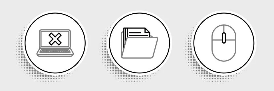Set line Computer mouse, Laptop and cross mark on screen and Document folder Stock Illustration