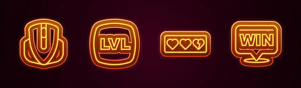 Set line Computer mouse, Level game, Game life bar and Medal. Glowing neon icon Stock Illustration