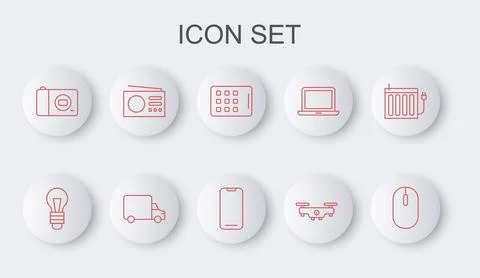 Set line Computer mouse, Light bulb, Graphic tablet, Drone flying, Photo ca.. Stock Illustration