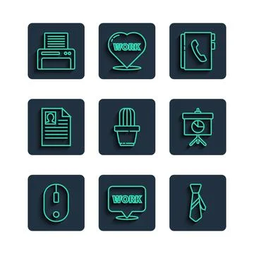 Set line Computer mouse, Location with text work, Tie, Address book, Cactus and Stock-Illustration