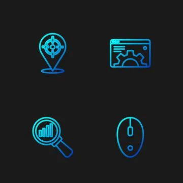 Set line Computer mouse, Magnifying glass and analysis, Target sport and Browser Stock Illustration