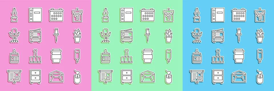 Set line Computer mouse, Marker pen, Plant in pot, Calendar, Printer, Office Stock Illustration