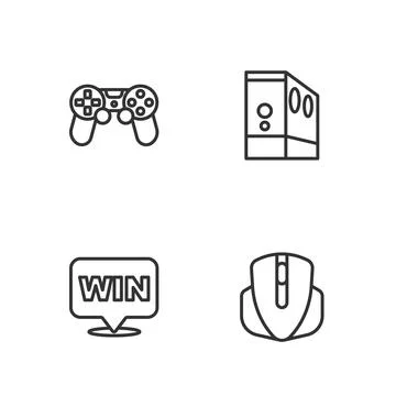 Set line Computer mouse, Medal, Game controller or joystick and Case of computer Stock Illustration