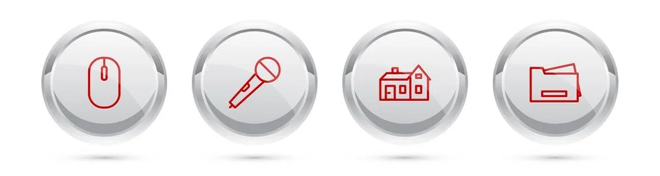 Set line Computer mouse, Microphone, House and Printer. Silver circle button Stock Illustration