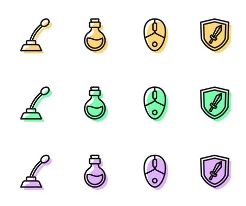 Set line Computer mouse, Microphone, Bottle with magic elixir and Sword for g Stock Illustration