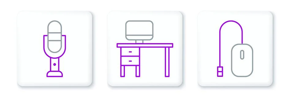 Set line Computer mouse, Microphone and monitor and desk icon. Vector Stock Illustration