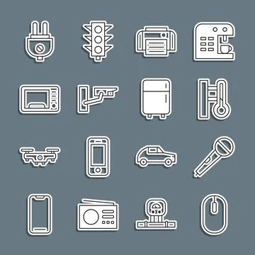 Set line Computer mouse, Microphone, Meteorology thermometer, Printer, Secu.. 库存插图